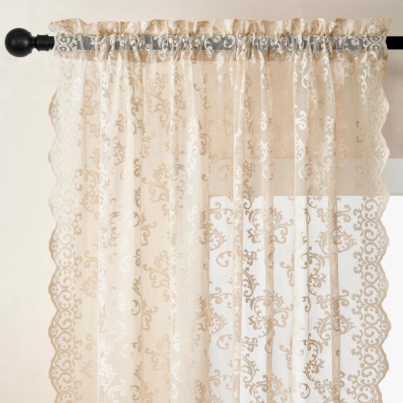 FOLKSIDE Beige Lace Curtains 102 Inches Long 2 Panels Vintage Paisley Sheer Lace Curtains for Living Room Bedroom Rod Pocket Light Filtering Large Window Privacy Decor for Dining Room Neutral Drapes, 52x102 - Image 3